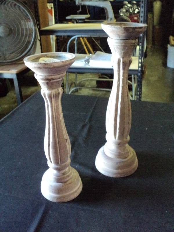 lot 9864 image: (2) ct lot wooden candle holders, metal insert top