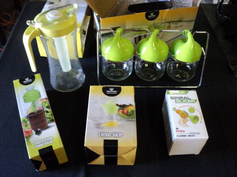 lot 9883 image: (5) ct mixed lot small kitchen ware food storage jars, pitcher, spiral slicer, lemon juicer, salad dressing bottle