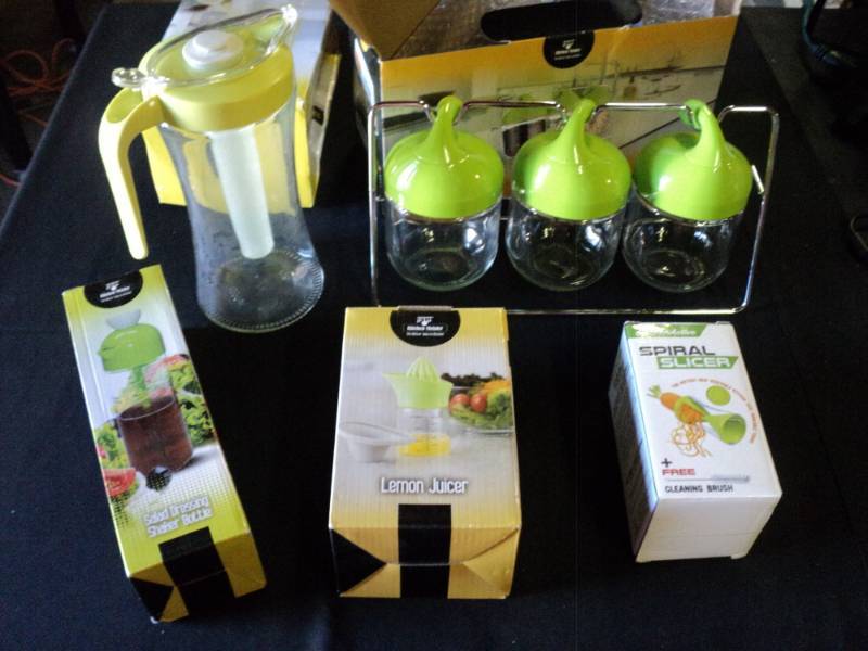 lot 9884 image: (5) ct mixed lot small kitchen ware food storage jars, pitcher, spiral slicer, lemon juicer, salad dressing bottle