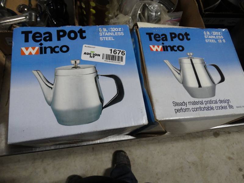 lot 1676 image: 2 new 32oz stainless steel tea pots in boxes