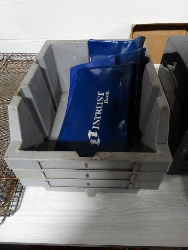 lot 1822 image: 3 plastic parts bins w 4 money bags
