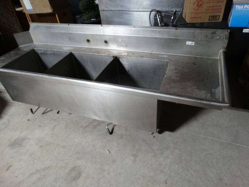 lot 1851 image: Commercial 3 hole stainless steel sink w right side drain board