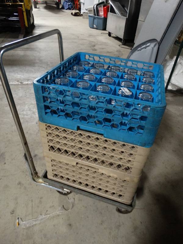 lot 1892 image: 25 drink glasses w 3 dish racks & dish rack cart