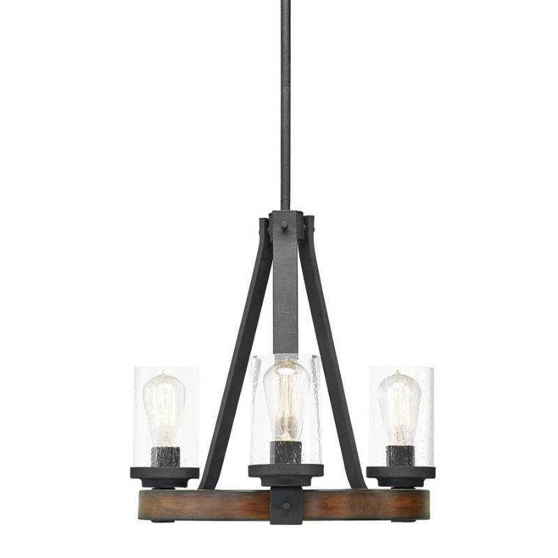 lot 1043 image: Kichler Barrington 3-Light Distressed Black and Wood Tone Rustic Clear Glass Candle Chandelier