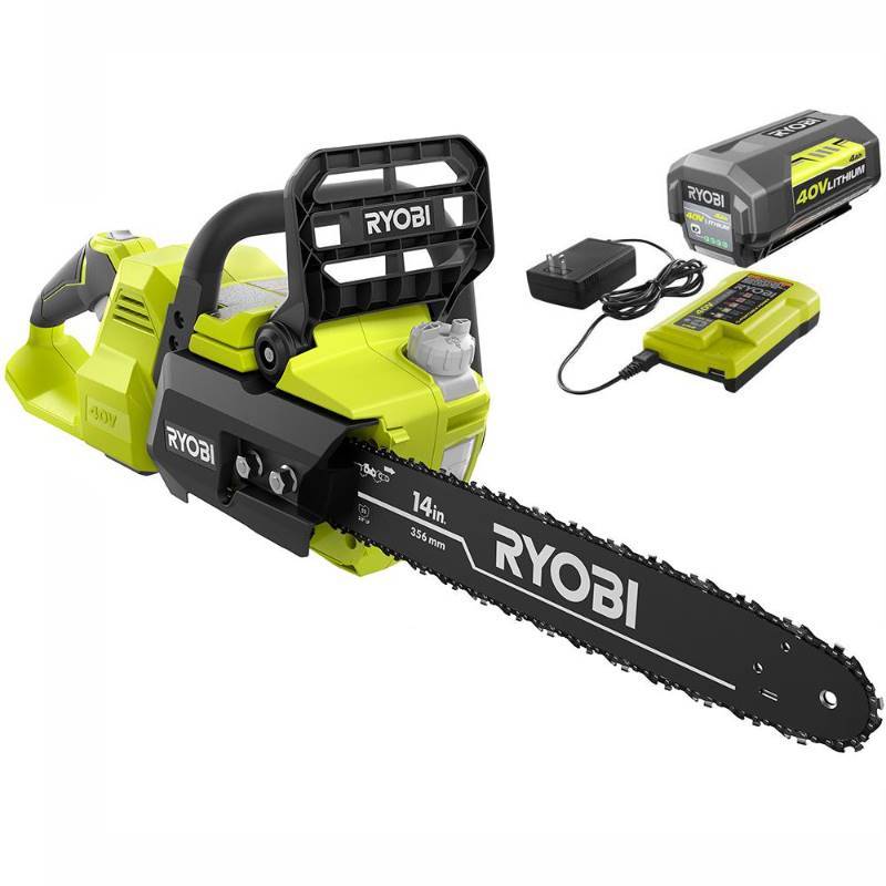 lot 2739 image: RYOBI 14 in. 40-Volt Brushless Lithium-Ion Cordless Chainsaw, 4 Ah Battery and Charger Included