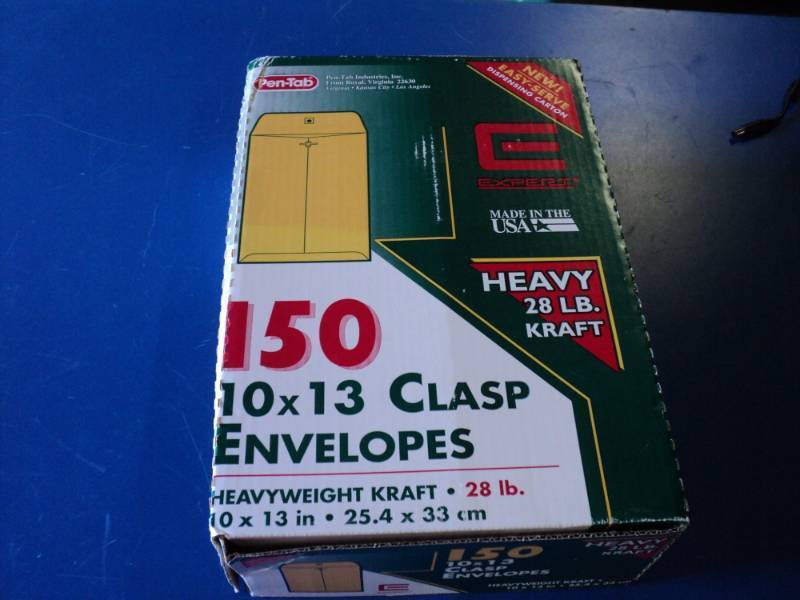 lot 9340 image: (1) box PenTab 10 x 13 clasp envelopes, open box, approx 150, some envelopes are damaged, pictured