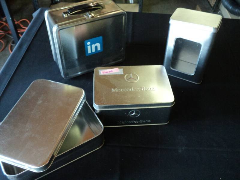 lot 9998 image: (4) ct mixed lot silver tins, Mercedes Benz