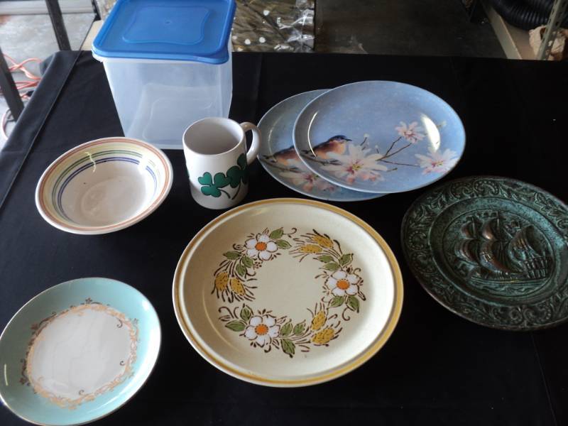 lot 10003 image: (8) ct mixed lot plates, bowl, mug, plastic container