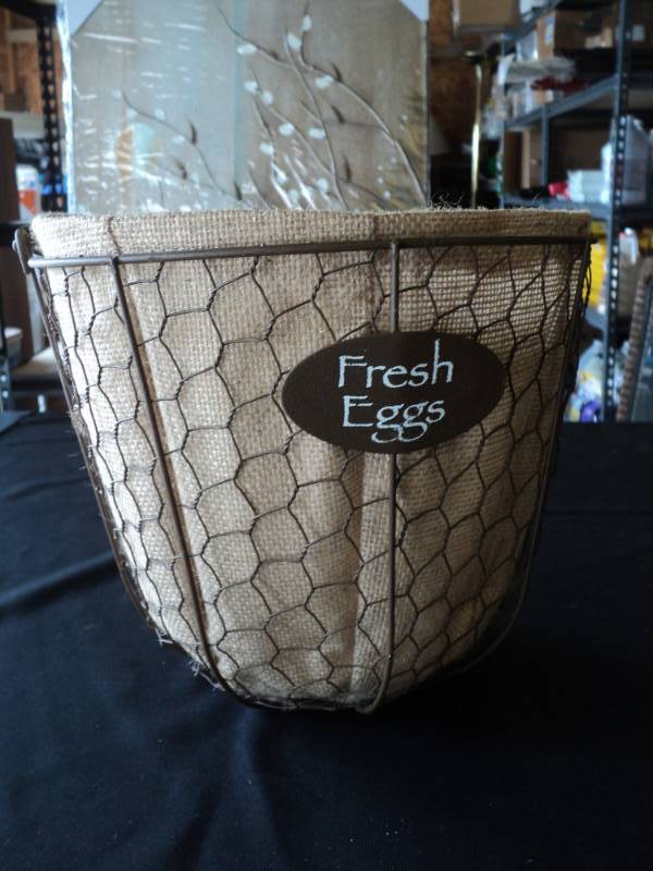 lot 10020 image: Wire Basket with Burlap liner Fresh Eggs 9 diameter x 8-12 tall