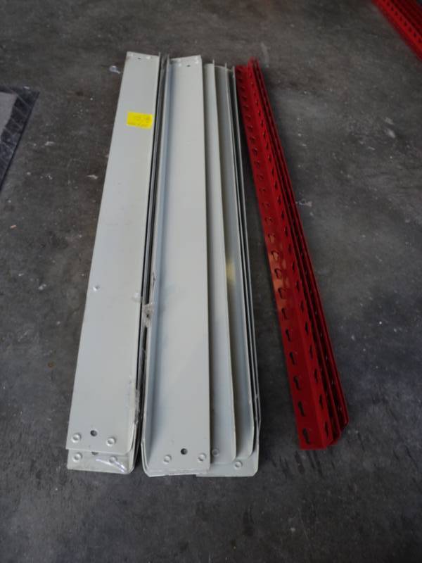 lot 10045 image: Hardware for 3 tier shelf 36 x 36 x 36, includes (8) 36 braces tan, (4) 36 corners red