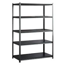 lot 10107 image: 5- Tier shelf, 48 x 24 x 6 tall, Black, includes (10) 45- Tier shelf, 48 x 24 x 6 tall, Black, includes (10) 48 braces, (10) 24 braces, (8) 36 corners and (5) 48 X 24 Composite Wood boards- some boards have damage