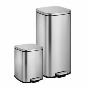 lot 7243 image: EKO Sensible Eco Living 2-Pack Stainless Steel Step Trash Cans Soft Close Hands-Free Combo Pack 30L & 6L