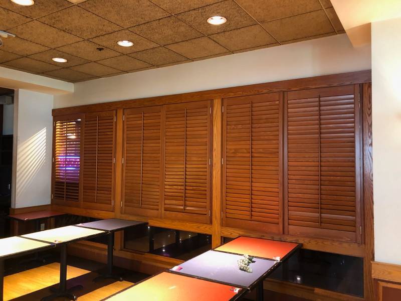 lot 6830 image: (6) Pairs 64in x 64in Wood Shutter Blinds