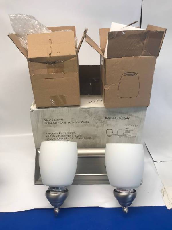 lot 3118 image: VANITY 2 LIGHT BRUSHED NICKEL STAIN OPAL GLASS