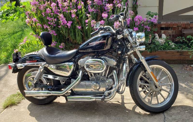 lot 1284 image: 2005 Harley-Davidson XL883L Motocycle - Mustang Back Rest Seat and Harley Life to Ride Chrome Decor - Mileage 2984 miles - with Clear Faring