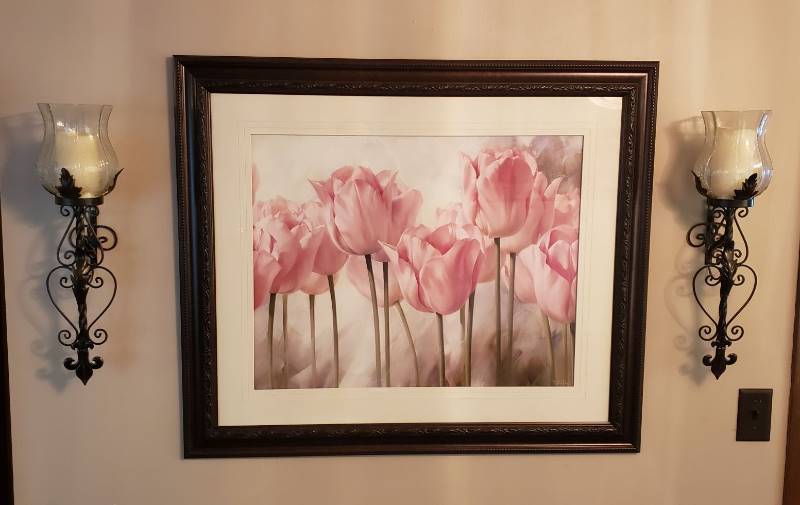 lot 1287 image: Pink Tulips Framed Print and a Pair of Metal Candle Wall Sconces