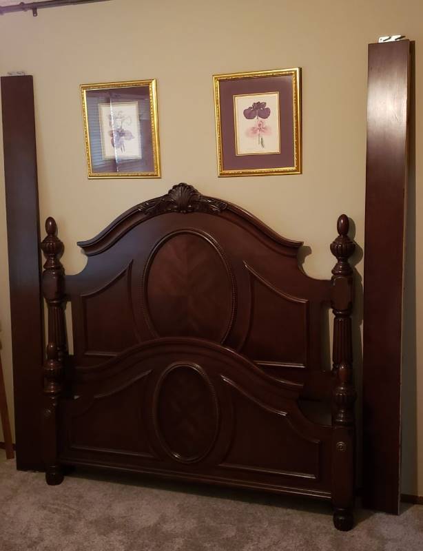 lot 1300 image: Davis Furniture Dark Brown Wood Queen Bed Frame (Headboard, Footboard, Side Rails, and Supported Bed Slats)
