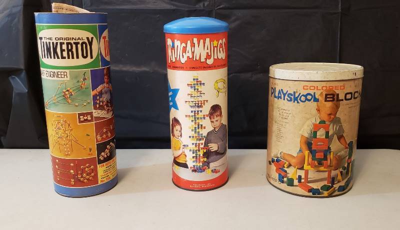lot 1310 image: Lot of (3) Vintage Toy in Original Containers - Tinkertoy, Ringa-Magics, and Playskool Blocks