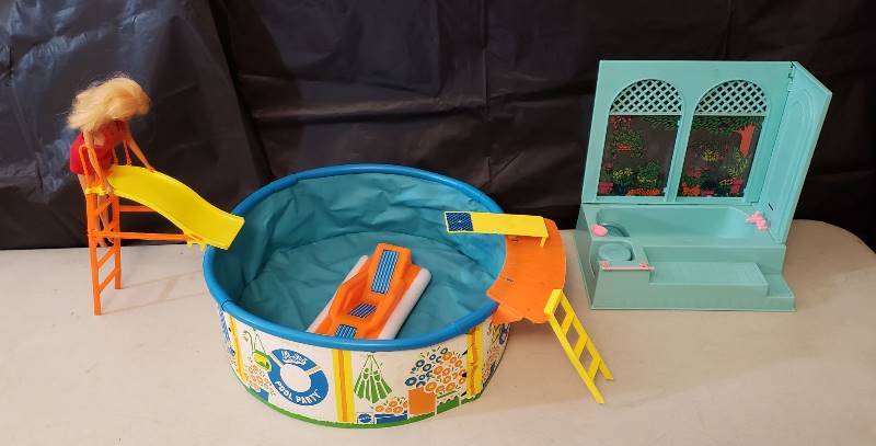 lot 1326 image: Vintage Barbie Pool Party Set with Accessories  one Barbie and Barbie Spa Bath Decor