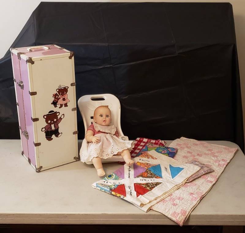 lot 1339 image: Lot of Vintage Gerber Baby Doll with Baby Doll Quilts and Bear Doll Clothes Carrier