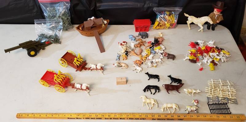 lot 1346 image: Lot of Vintage Plastic Toys and Metal Cannon