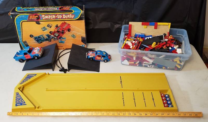 lot 1347 image: Lot of Vintage Smash-Up Derby, Rebound, and Tote of Legos