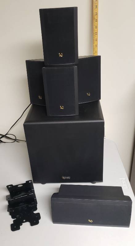 lot 1362 image: Infinity Surround Speaker System Model BU-1 (Subwoofer, 4 multi satellite speakers, 1 center speaker, and 4 metal wall mounts)