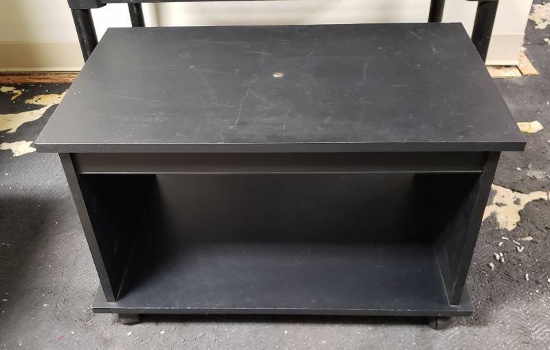 lot 1364 image: Black Wooden Swivel Top Media stand on Casters