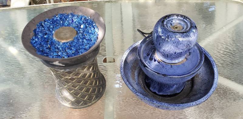 lot 1373 image: Lot of 2 Outdoor Tabletop - Blue Fountain & Propane Decorative Heater - Both are 12  tall - untested