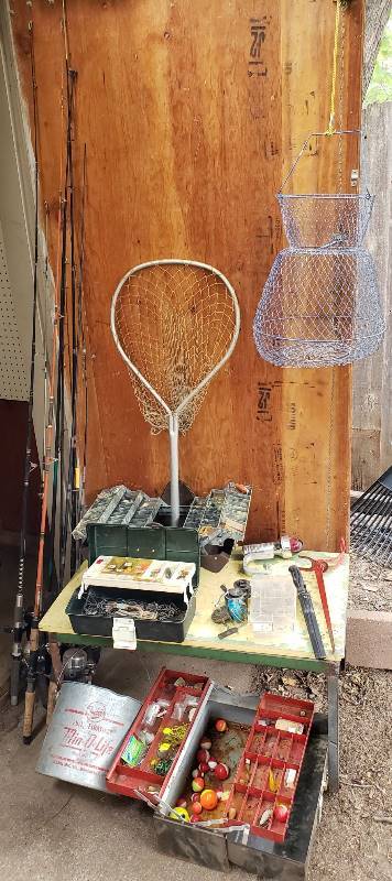 lot 1406 image: Lot of Fishing Equipment - 9 PolesReels, 3 Tackle Boxes, Net and Other Equipment