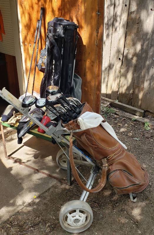 lot 1407 image: Lot of Golf Equipment - Set of Killer Bee Irons & 1 Club 10.5, Caddy Wagon Golf Pull Cart, 2 Golf Bags, Club Covers, Golf Balls, and Other Equipment