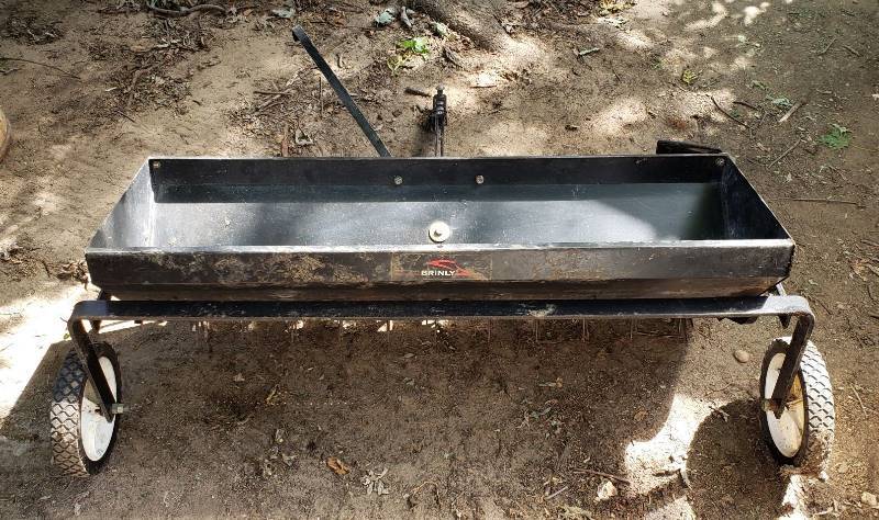 lot 1419 image: Brinley Pull Behind Aerator SeederFertilizer Drop Hopper - 41  x 13  hopper dimensions - will need to be lubricated more to make trap door open & close better