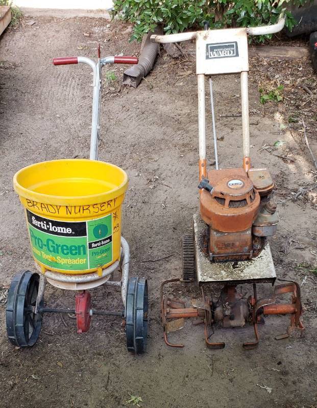 lot 1420 image: Montgomery Ward Rototiller & Ferti-Lome Spreader - couldnt get rototiller started
