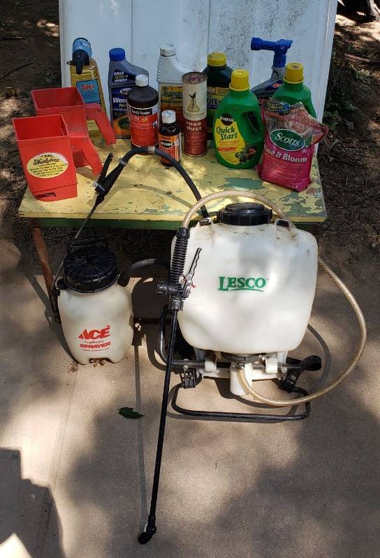 lot 1430 image: Lot of Lawn Chemicals and Sprayers  Spreaders - most of the containers are nearly full