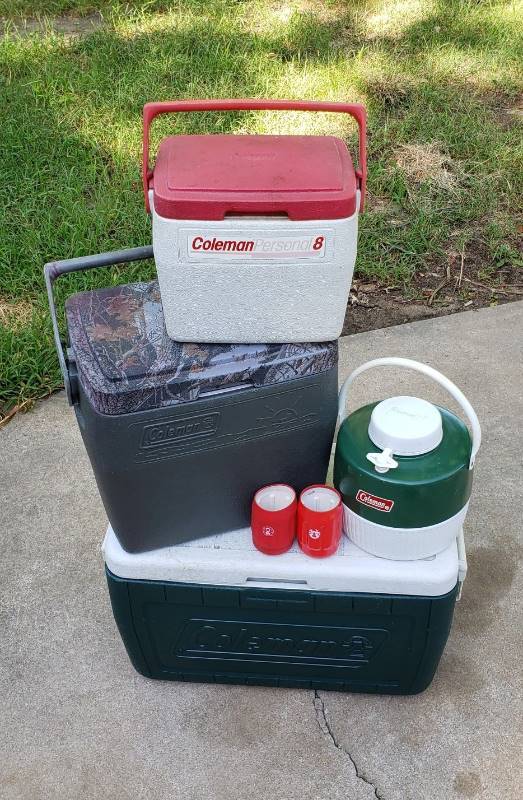 lot 1440 image: Lot of 3 Coleman Coolers  Water Jug and Pair of Koozes