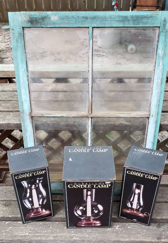 lot 1459 image: Vintage 4 pane Wood Window (22  x 29 )with 3 Hurricane Candle Lamps in Box