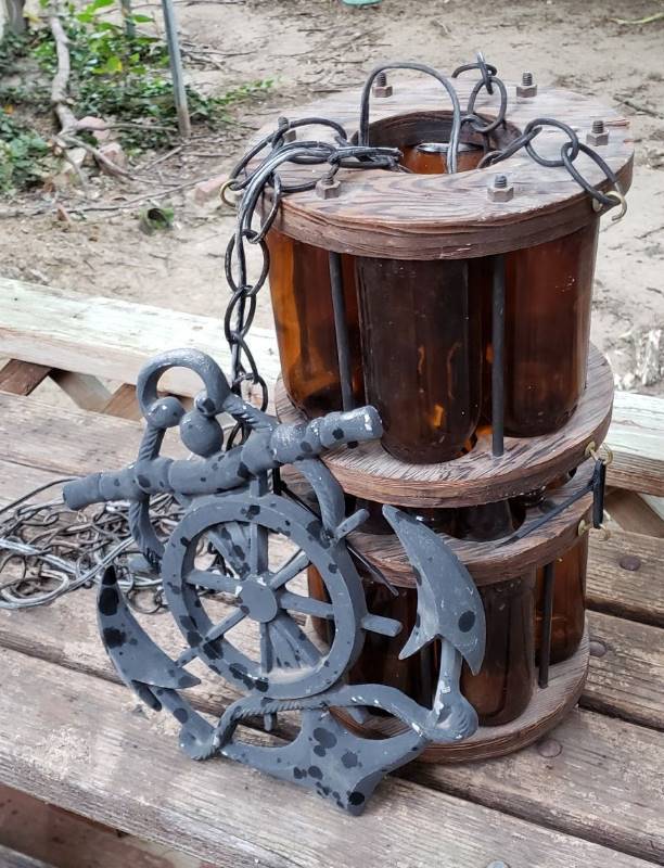 lot 1464 image: Lot of Beer Bottle Swag Light and Metal Naval Decor - Swag Lamp will need 3 small Chains to replace the zip ties