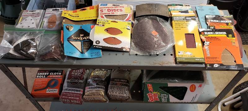 lot 1471 image: Lot of Sandpaper, Steel Wool, Emery Cloth Roll, and Scour Pads - shelf NOT included