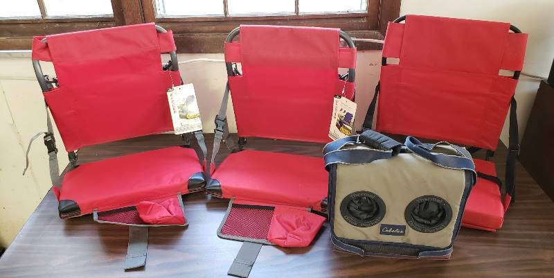 lot 1502 image: Lot of 3 Fold-up Stadium Seats and Cabelas Collapsible Cooler