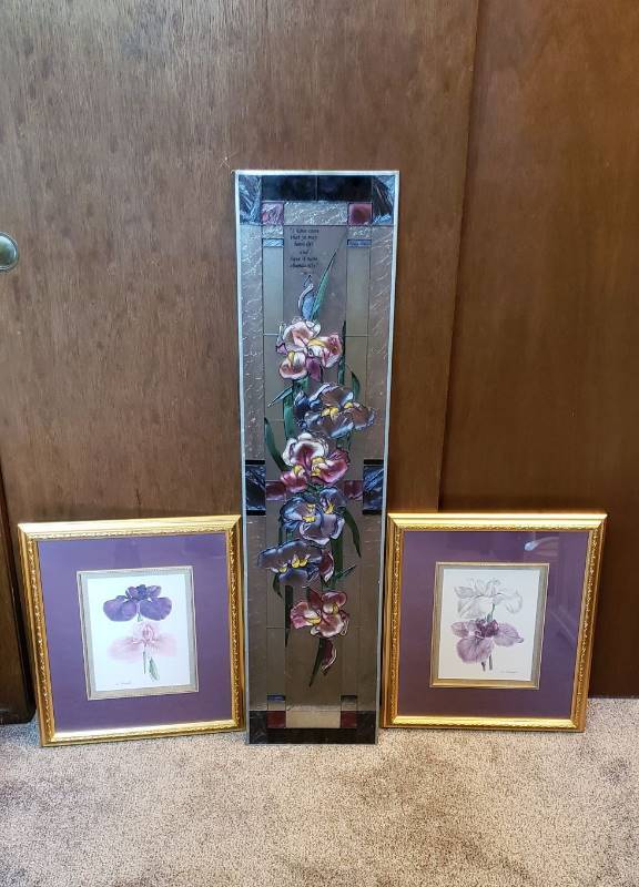 lot 1593 image: Lot of (2) Framed Iris Prints and Faux Stained Glass Iris Decor