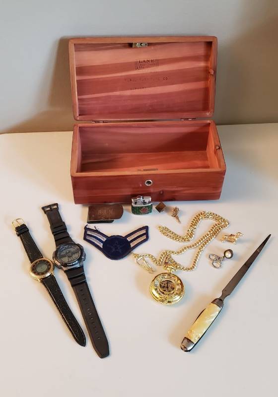 lot 1598 image: Lot of Mens Jewelry Items (Tie Tacs, Watches, Lighter, Letter Opener) and Cedar Box
