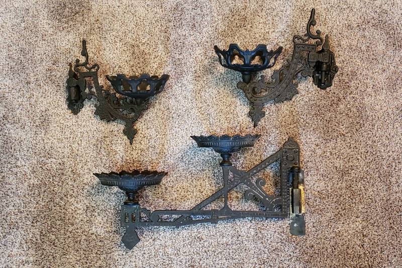 lot 1601 image: Vintage Black Cast Iron Candle Wall Sconces (2 Singles & 1 Double)