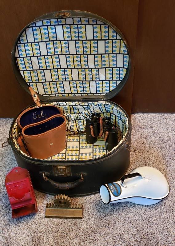 lot 1602 image: Lot of Vintage Items - Binolux 7x35 Binoculars, Oval Carrying Case, Matches Holder, Metal urinal, and Brass Cog Decor