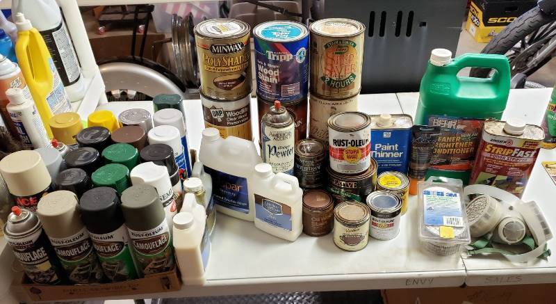 lot 1650 image: Lot of Spray Paint, Wood Stain, Cleaner, Stipper and Filler, Easi-Air Mask and Replacements