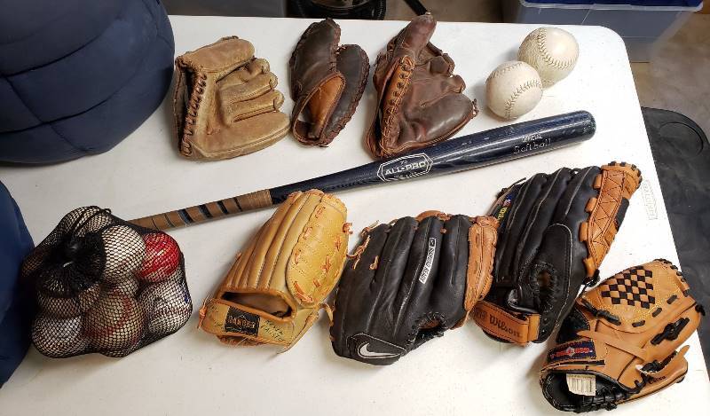 lot 1657 image: Lot of Wooden Softball Bat, Gloves and Balls