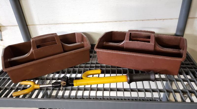 lot 1667 image: Promag II Steering Wheel Lock and (2) Utility Totes