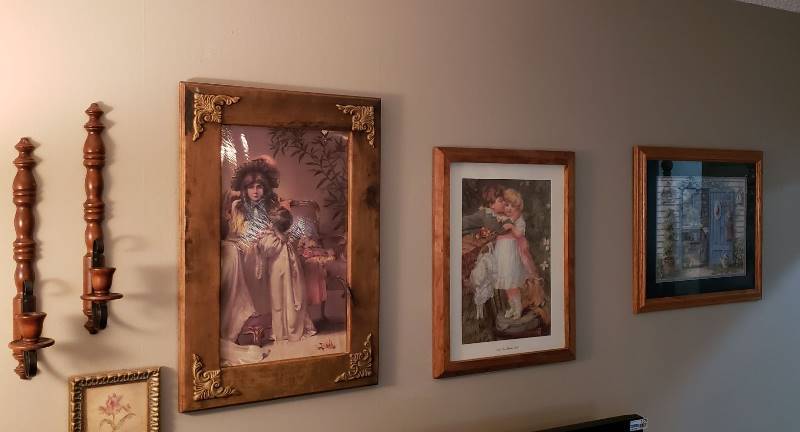 lot 1689 image: Lot of Framed Prints and a Pair of Candle Wall Sconces