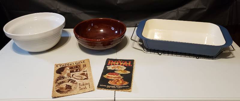 lot 1694 image: Lot of Kitchen Wares - Cuisinart Enamel coated Cast Iron Pan & Rack, 2 Mixing Bowls, and 2 Vintage Cookbooks - something a little old & something a little new