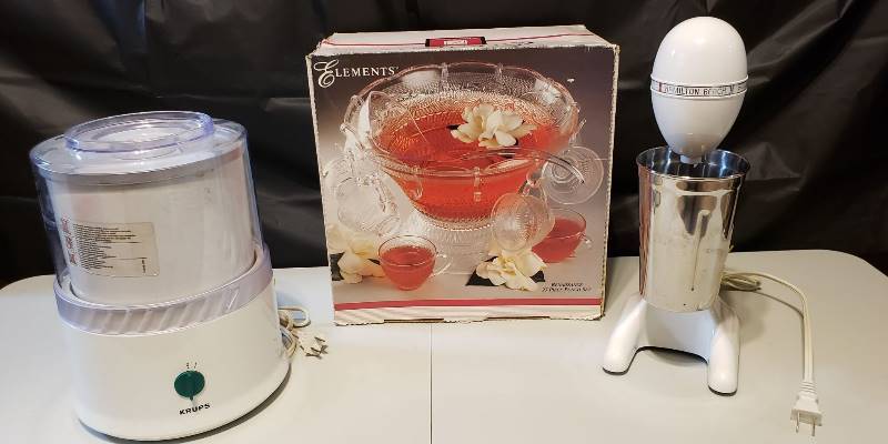 lot 1695 image: Lot of Kitchen Wares for a Party - Krups Elec. Ice Cream Maker, Hamilton Beach Malt Mixer, and Elements Glass Punch Bowl Set - both elec. items work