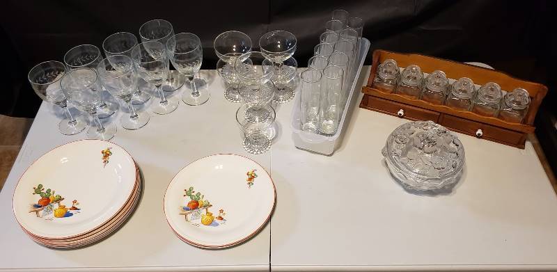 lot 1703 image: Lot of Edwin M. Knowles China Plates (6 Dinner2 Salad) - some chips on edges and Clear Glassware